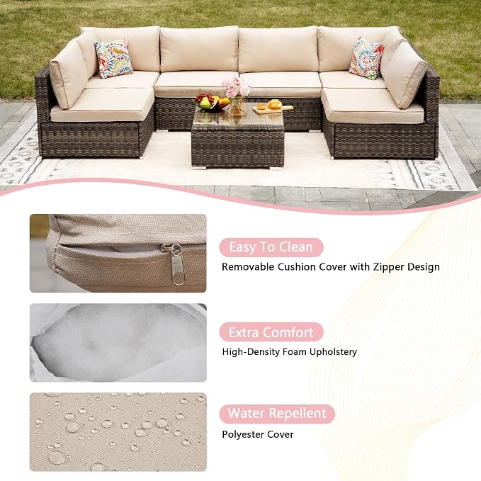 7-Piece Outdoor Patio Furniture Set - PE Wicker Sectional Sofa Set,with (Beige) Cushions and Glass-Top Coffee Table, Perfect for Gardens, Poolside, Backyard, Beige/Brown