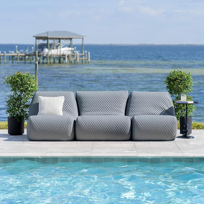 Big Joe Solvana Outdoor Sectional, 3 Piece Patio Furniture Set, Weather-Resistant Cool Touch Silicone Stitched Leather Sofa, Moonlit Gray