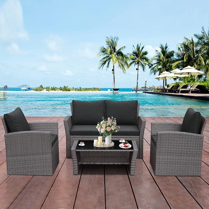 RELAX4LIFE 4 PCS Wicker Patio Furniture Set with Soft Cushions & Tempered Glass Table Outdoor Rattan Sofa Set for Backyard Garden Balcony Poolside Sectional Conversation Couch Set (Black)