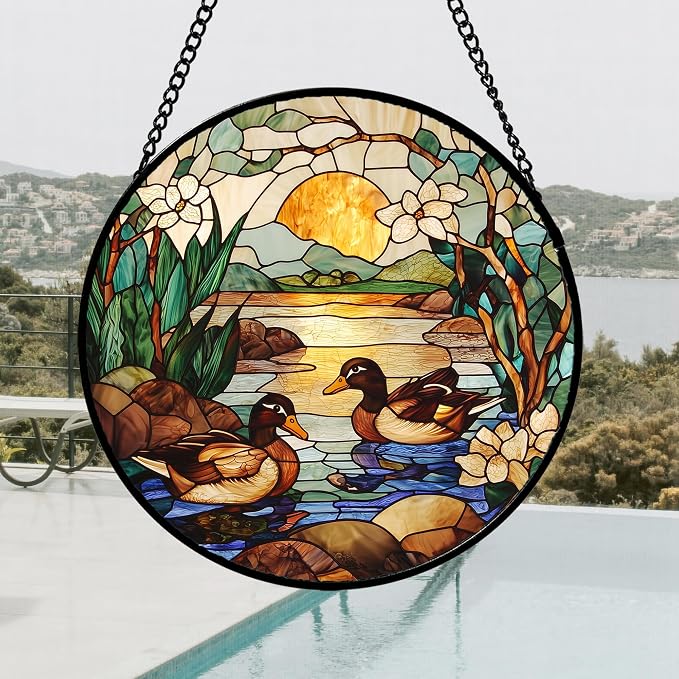 Stained Glass Window Hanging, Ducks in the Pond Sun Catcher for Door Home Decor Landscape Plant Suncatcher Christmas Mother's Day Birthday Gifts for Women Men Mom Nana 15 in