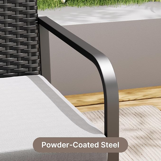 Gizoon 8 Piece Outdoor Patio Furniture Set, Outdoor Black Wicker Patio Furniture with Glass Coffee Table, Modern Rattan Chairs Conversation Set, for Porch, Garden, Lawn, Grey Cushion