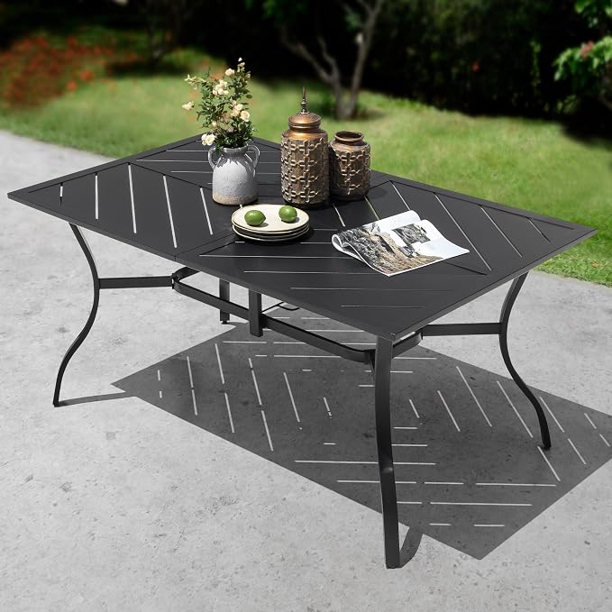 NUU GARDEN Outdoor Rectangle Dining Table, 61'' x 37'' Splice Tabletop with 1.77'' Umbrella Hole, Powder-Coated Iron Frames, for Outdoor or Indoor Space, Patio, Deck, Garden, Backyard, Kitchen, Black