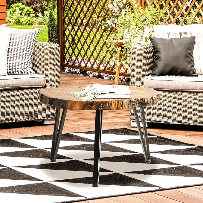 SUNBURY Outdoor Coffee Table, 31" W Faux Wooden Coffee Table, Modern Round Coffee Table for Patio, Concrete Outdoor Side Table with Anti-Rust Metal Leg for Garden, Backyard, Lawn, Deck