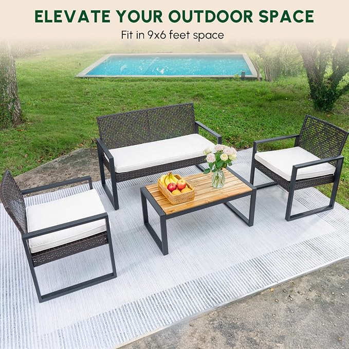 BEEFURNI Wicker Patio Furniture Outdoor Conversation Set of 4, Rattan Outdoor Furniture Set, Acacia Wood Table, 2 Chairs, 1 Loveseat, 2” Cushions, All Weather Set for Patio, Porch, Balcony (Black)