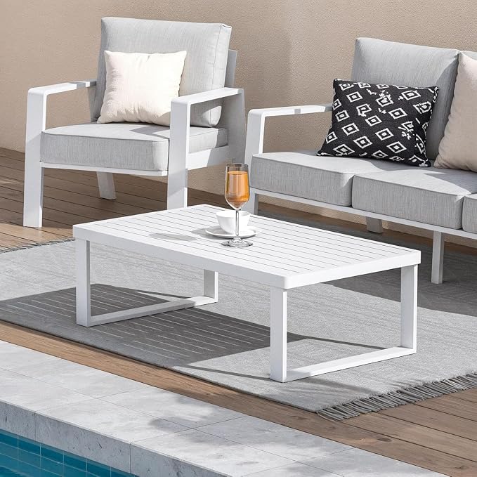 Aluminum Outdoor Patio Coffee Table for for Deck, and Poolside (White, All-Aluminum)