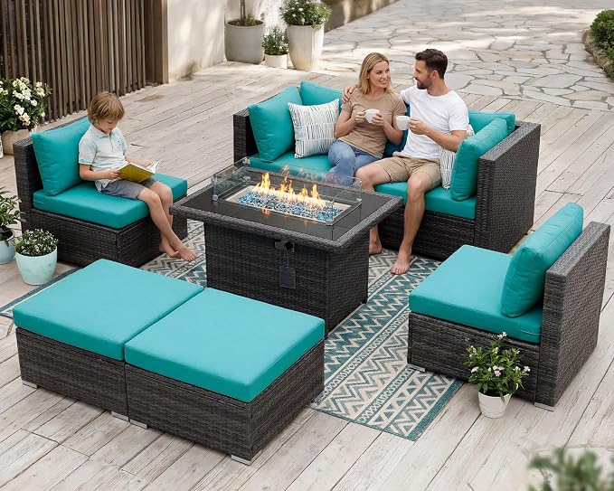 BULEXYARD 7 Piece High Back Outdoor Sectional Set with Fire Pit Table, Wicker Patio Furniture Set Weather-Resistant, Modular 6-Person Couch Sofa Comfortable Wide Deep Seats for Backyard, Grey & Teal