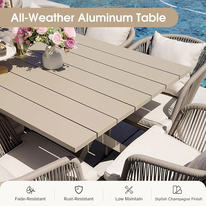 PURPLE LEAF 5 Pieces Patio Dining Set Wicker Outdoor Furniture Rectangular Table and Chairs Set for Garden Deck Aluminum Frame Backyard Kitchen Set, Cushions and Pillows Included Champagne