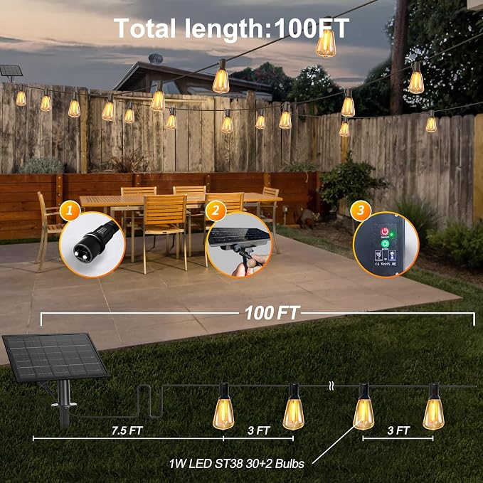 BLIATLUS 100FT Solar String Lights Remote 32 Shatterproof ST38 LED for Outdoor Patio Garden