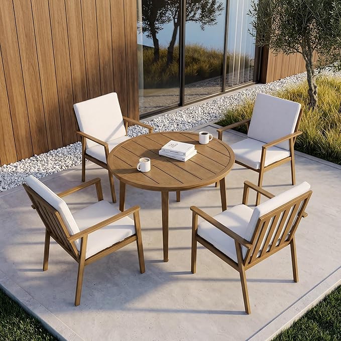 5-Piece Round Outdoor Dining Table Set, 41" All-Aluminum Round Outdoor Table with 4 Chairs, Rust-Resistant Faux Wood Grain Patio Table with Umbrella Hole for Garden, Backyard, Poolside, Teak