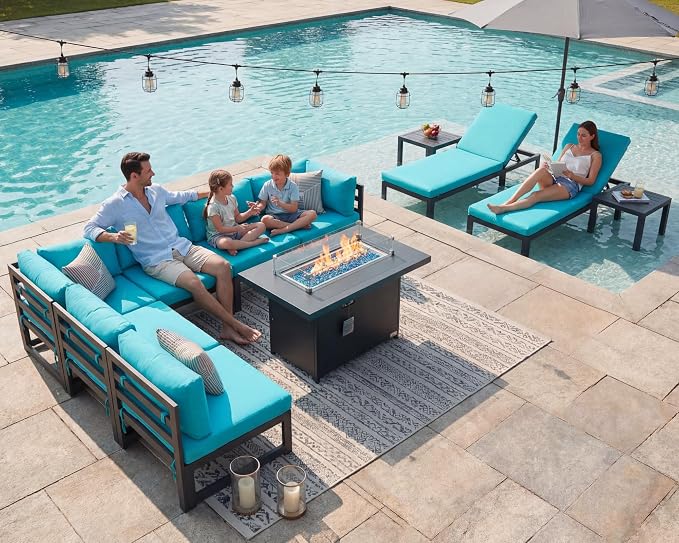NICESOUL 11 Piece Extra Large Contemporary Aluminum Outdoor Furniture Set with Chaise Lounge & Fire Pit Table, 29" Deep Couch Set, 500 lbs High Weight Capacity Patio Sectional Sofa for Poolside, Teal