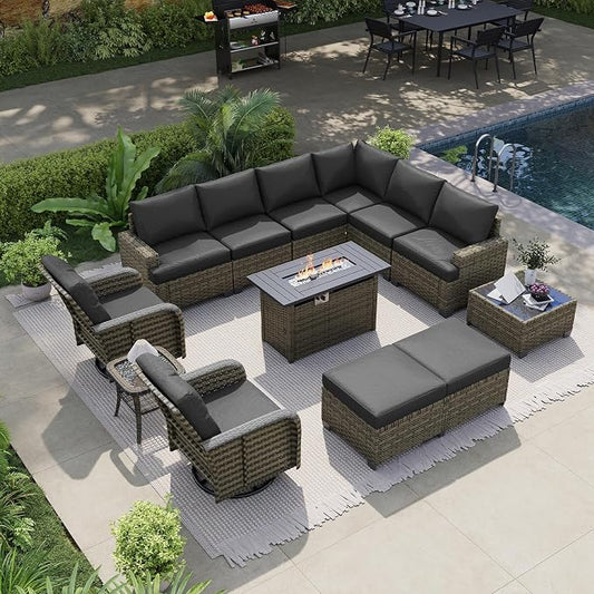 LazySunsets Luxury Patio Furniture Set with Fire Pit Table, All-Weather Patio Sectional Sofas with Thickened Cushions, 13 Piece Outdoor Furniture Set with Swivel Rocker Chairs & Ottomans, Black