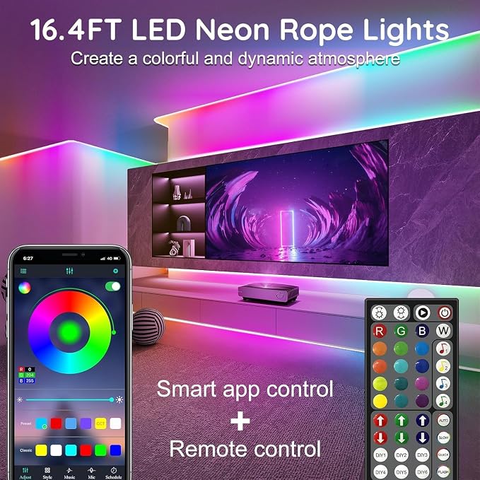 RCUICA 100FT LED Neon Rope Lights Waterproof with Smart App Control Remote,DIY Scene Modes,Music Sync hronization,Eaves Lights for Garden Decor,Deck,Christmas
