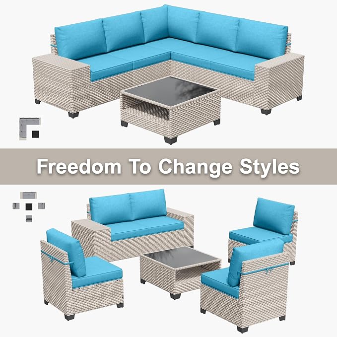 6-Piece Outdoor Patio Furniture Set, Modular Sectional Sofa Set with Glass Coffee Table and Cushions, Wicker Outdoor Couch Conversation Sets, Turquoise