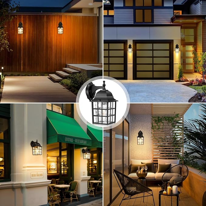 2-Pack Dusk to Dawn Outdoor Wall Lantern, Exterior Light Fixtures with Photocell Sensor, Black Wall Light Waterproof, Waterfall Glass Outside Wall Sconce for Porch House Garage