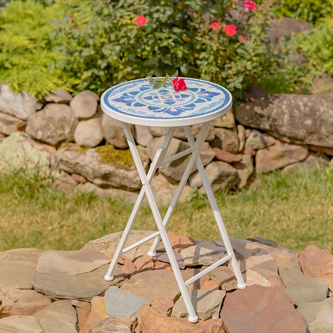 Zaer Ltd. Mosaic Tile Furniture with White Metal Frame and Patterned Tile Tops (Cape May - White/Blue, Folding Accent Table)