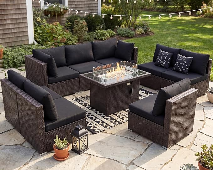 NICESOUL Modern Large Patio Furniture Set with Firepit Propane/Natural Gas, 29.3'' High Back Comfy Outdoor Sectional Couch Sofa Sets, 9 Piece Extra Wide Modular Sitting, Brown Rattan and Black Cushion