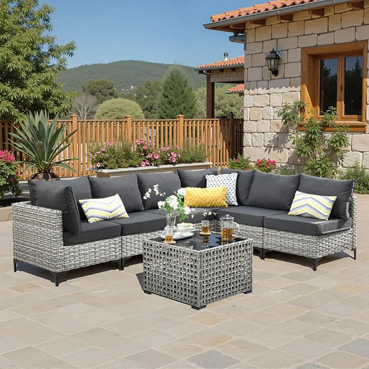 7 Pieces Wicker Patio Furniture Set,Outdoor Sectional Sofa with Coffee Table Comfy Cushions,Modern Modular Deep Seat Rattan Couch Conversation Set,Black