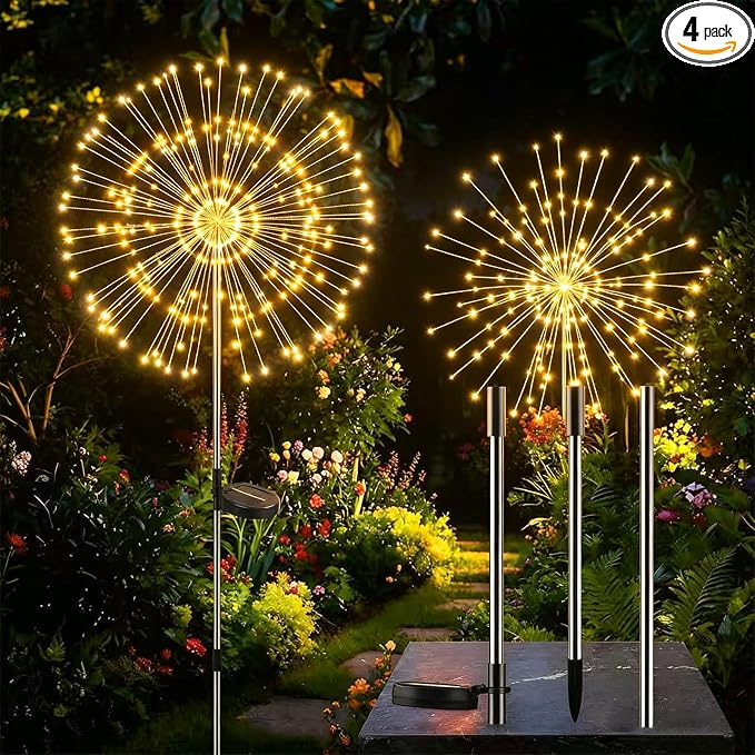 Solar Firework Lights Outdoor, Adjustable 32" to 51" Extra Tall, 200 LED Stainless Steel 3-Section Pole, 8 Modes Waterproof Starburst Garden Lights for Yard Pathway Walkway Decor(Warm White 4 Pack)