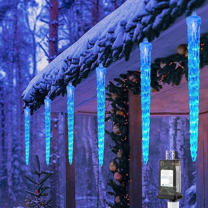 Brightown Icicle Lights Outdoor, 19.8Ft Meteor Shower Lights with 20 Tubes, Snowfall Shooting Star Light Effect, Falling Cascading Crystal Christmas Decorations for House, Eave, Roofline, Patio, Blue