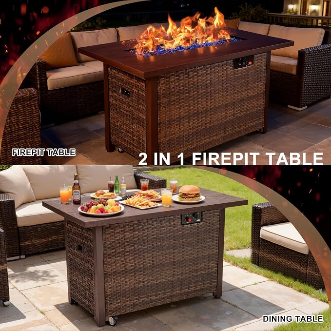 9 Piece Patio Furniture Set with 42" Fire Pit Table, Outdoor Wicker Rattan Sectional Sofa Set, Patio Conversation Set with Thickened Cushions, Black