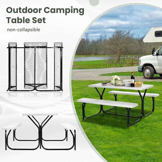 Picnic Table, Camping Portable Picnic Table Bench Set for 4 Persons, Heavy-Duty Steel Frame & Resin Tabletop, All Weather Outdoor Picnic Tables for Patio Travel BBQ Party Garden (White)