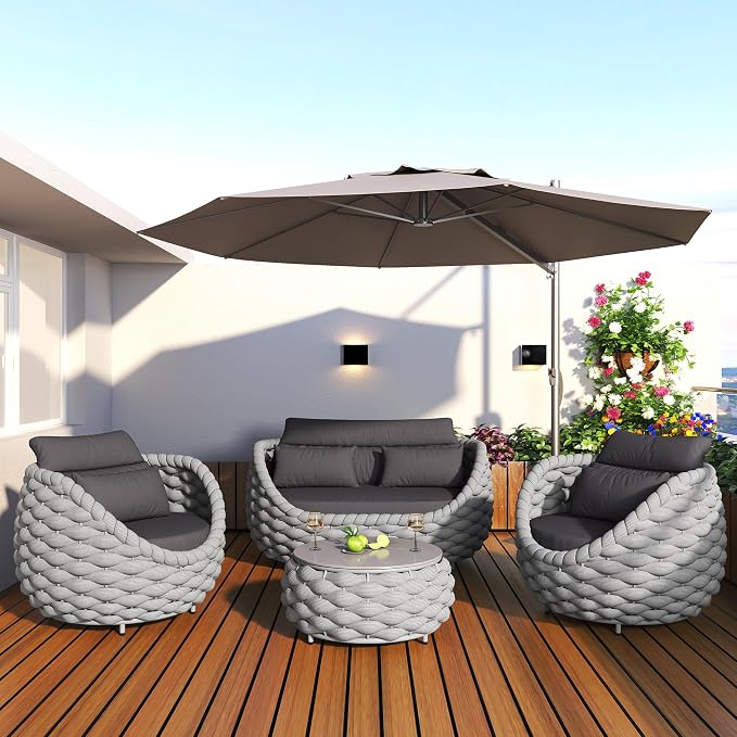 TWT 6-Piece Aluminum Patio Furniture Set, Olefin Rope Modern Outdoor Conversation Set Sectional Sofa with Water Repellent Thick Cushions and Coffee Table for Balcony, Garden, Light Grey