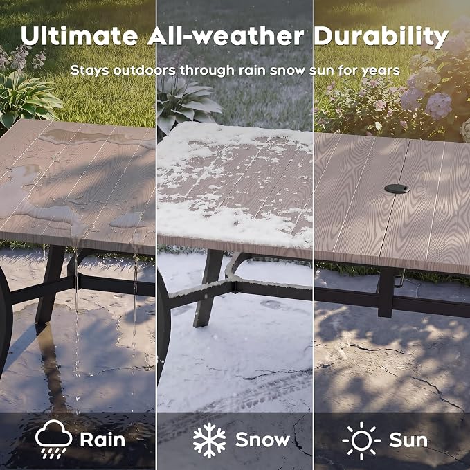 63'' Outdoor Dining Table for 6, Black Metal Patio Dining Table with 1.97'' Umbrella Hole,Anti-Rust Waterproof Square Table for Porch Deck Poolside Garden Backyard