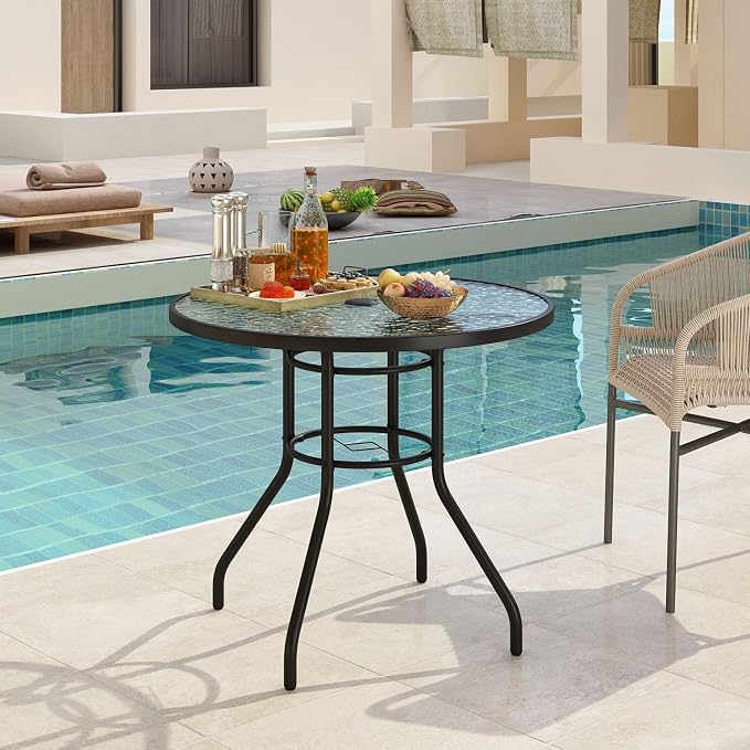 32'' Outdoor Patio Table, Bistro Table with Tempered Glass Table Top and Umbrella Hole Steel Frame Outdoor Furniture Party Conversation Coffee Table for Garden Backyard Balcony Lawn