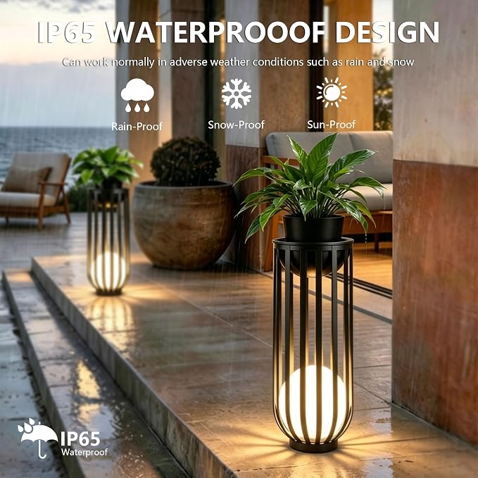 Solar Powered Patio End Table,LED Sphere Light, Remote & Detachable Solar Panel,All Weather Resistant Plant Stand for Backyard Outdoor Decor
