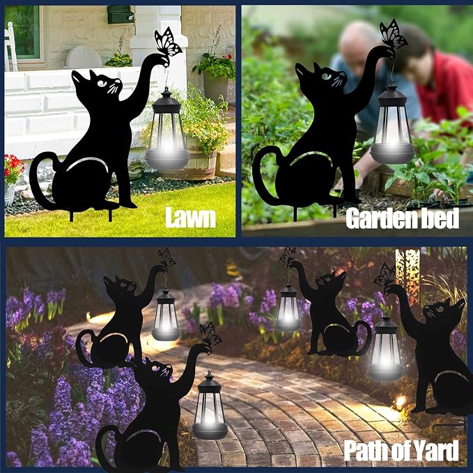 twinbling Solar Black Cat Lights Yard Decorations Outdoor | Unique Gift for Woman Mom Grandma Garden Decor Stake with Butterfly Decorative Metal Lawn Ornament for Pathway Patio