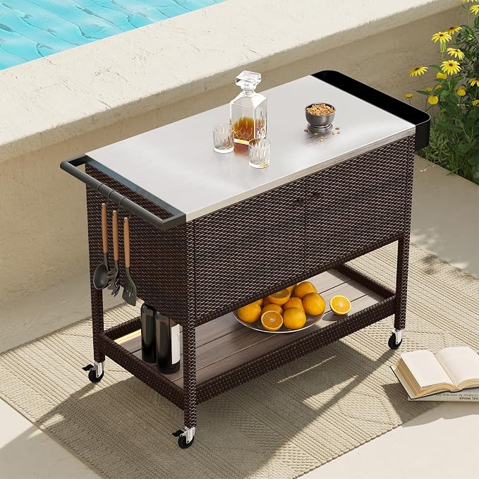 Grand patio Outdoor Bar Cart, Rolling Wicker Bar Cart w/Storage Cabinet, Outdoor Bar Table w/Wheels, Patio Kitchen Island Grill Cart w/Countertop, Brown