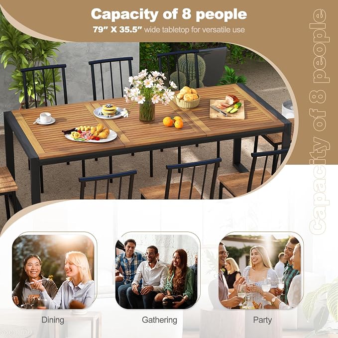 Tangkula 79 Inches Acacia Wood Outdoor Dining Table for 8, Large Rectangular Patio Table with 1.9" Umbrella Hole, Heavy Duty Metal Legs & Adjustable Foot Pads, Outside Table for Patio, Garden, Yard