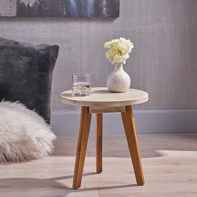 Great Deal Furniture GDFStudio Outdoor Side Table, Farmhouse-Style, Light Gray Acacia Wood Frame