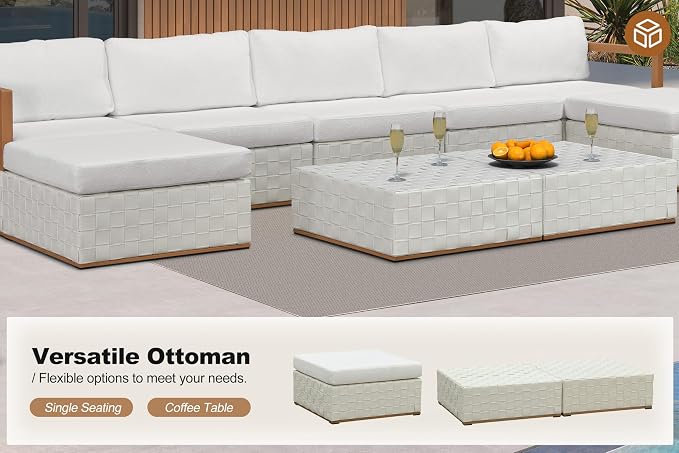 PURPLE LEAF Patio Outdoor Furniture Set 8 Pieces, Premium Leather Outdoor Couch Sectional Sofa, Patio Conversation Sets with Olefin Cushions, Patio Couch for Porch, Balcony, Garden, White