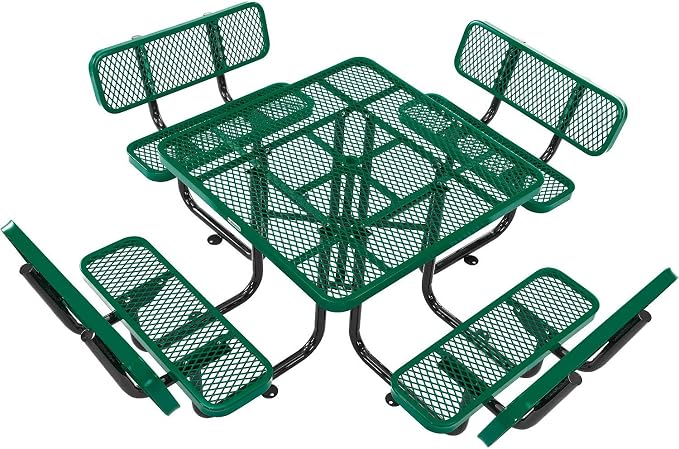 Global Industrial 46" Square Picnic Table with Backrests, Expanded Metal, Green Thermoplastic Coating, 1-1/2" Umbrella Hole, Outdoor-Rated, 1000 Lbs Capacity