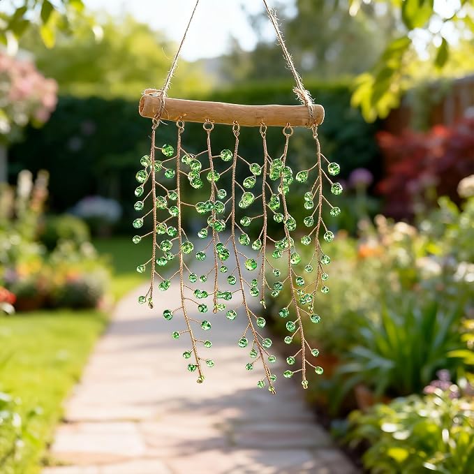 H&D HYALINE & DORA 17.2 Inch Crystal Wind Chimes Suncatchers for Window Hanging Sun Catcher Making Rainbow Green Plants Artificial Crystal Prisms Wind Chime for Garden Home Wedding Decor