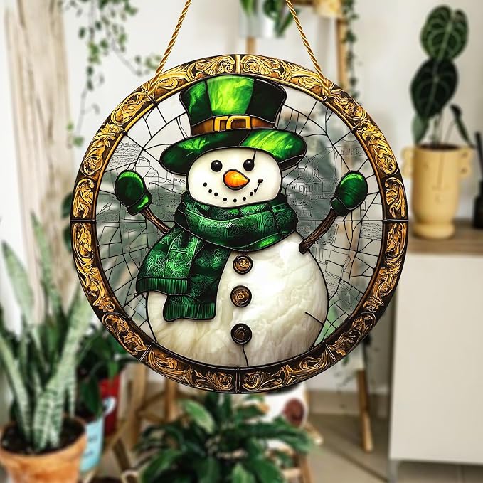 8x8 inch Charming Christmas Snowman Acrylic Stained Glass Window Hanging Sun Catcher Decor Stained Panel Hangings Wall Art Decor, for Friends and Family (Snowman)