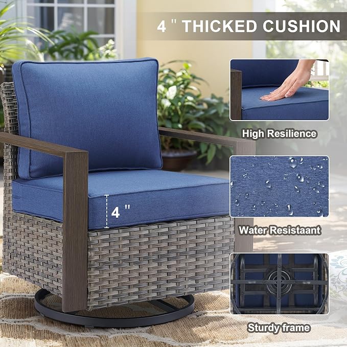 Belord Modern Outdoor Patio Furniture 7 - Person Outdoor Swivel Glider Seating Group, Backyard Wicker Furniture Set with Aluminum Armrests, Grey Wicker Blue Cushion