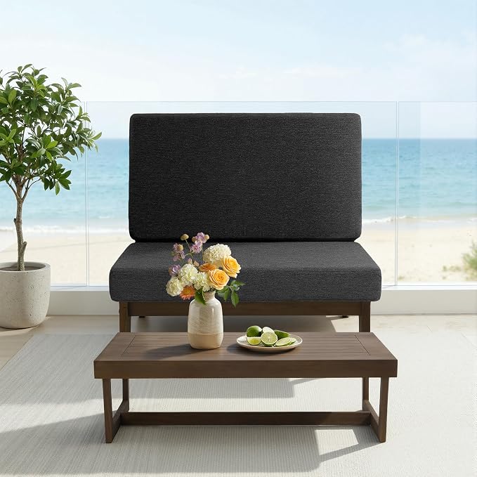 Outdoor Furniture Patio Couch, Weather Resistant Patio Loveseat Sofa Couch with Removable Cushion, Teak Wood Frame for Porch & Backyard Seating - Dark Gray