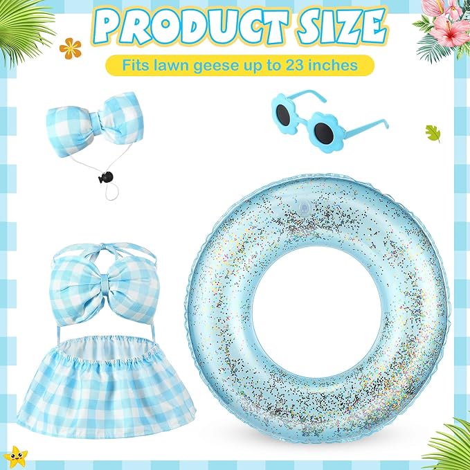Bikini Porch Goose Outfits with Sunglasses and Swimming Tube for 23" Summer Goose Costume Garden Patio Statue Decor(Blue Plaid)