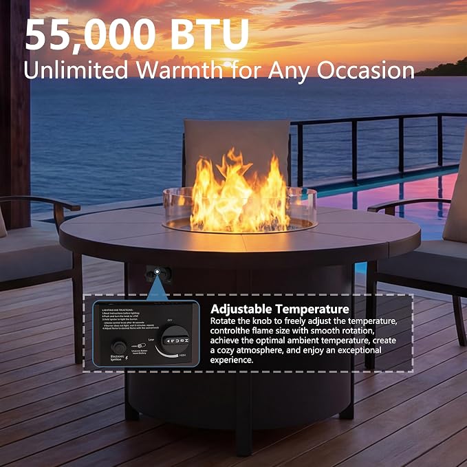 7 Pieces Outdoor Patio Furniture Set with 48" 55000 BTU Round Propane Fire Pit Table,Patio Dining Set Outdoor Conversation Sets 6 Chairs for Deck,Backyard and Garden,Brown