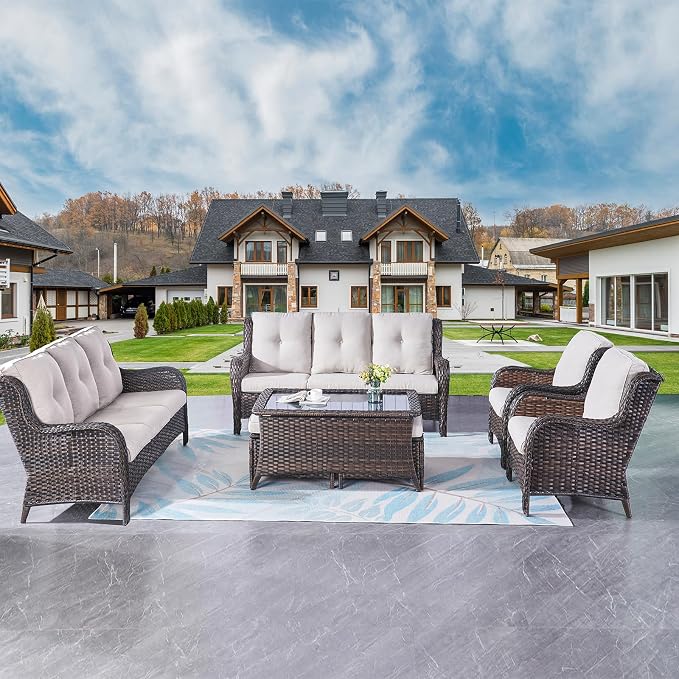 Rilyson Wicker Patio Furniture Sofa Set - 7 Piece Rattan Outdoor Patio Sectional Conversation Sets with 2 Sofa,2 Armrest Chairs,1 Coffee Table and 2 Ottomans for Porch Deck Garden(Brown/Beige)