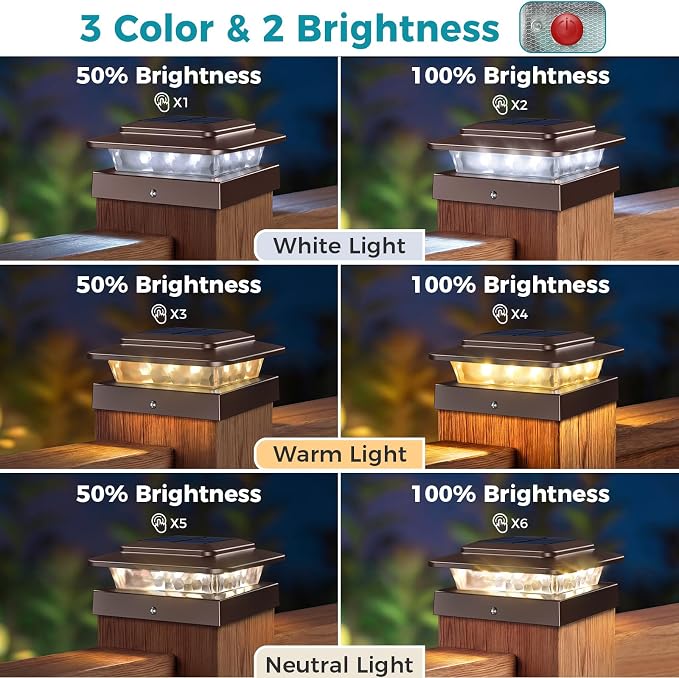 kolpop 4x4 Solar Post Cap Lights Outdoor 8Pack- 3 Color Temperatures&2 Level Brightness, IP65 Waterproof, 16 LED Fence Deck Post Light Solar Powered Only for 4×4/3.5×3.5 Wood/Vinyl Posts(Brown)