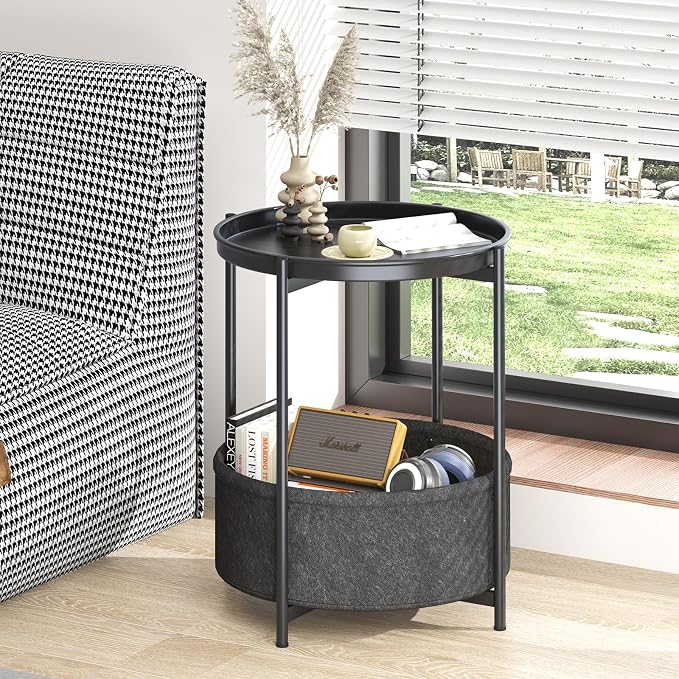 Garden 4 you Side Table with Fabric Storage Basket, Round Metal End Table, Small Bedside Table Nightstand with Removable Tray, for Nursery, Living Room, Bedroom, Bathroom, Black