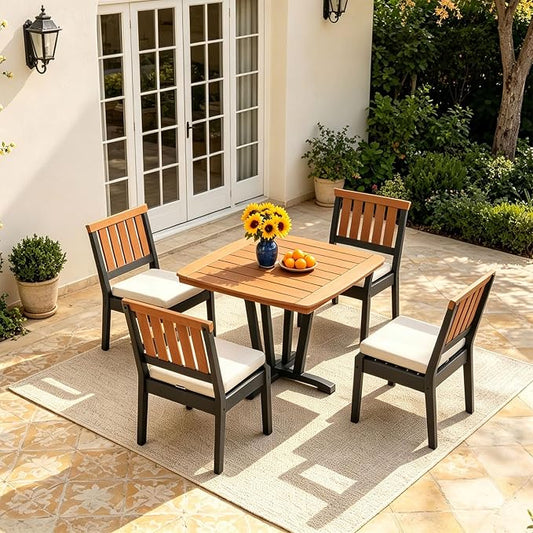Patio Dining Set for 4, 5-Piece Square Outdoor Dining Set with 4 HDPE Patio Armless Chairs with Cushion and a 42“ Square Outdoor Dining Table, Luxurious Two-Tone Finish for Poolside or Backyard Use