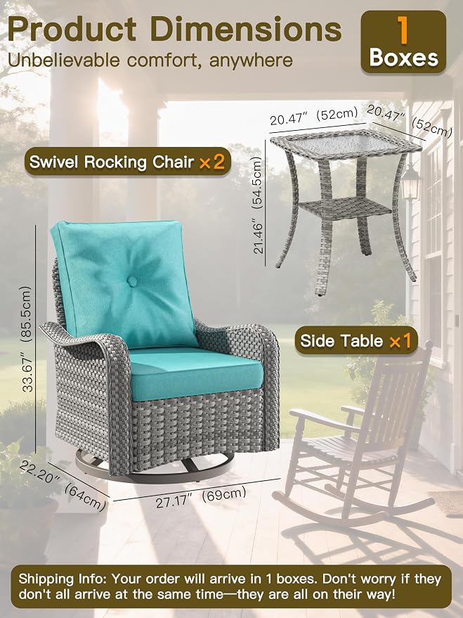 3-Piece Patio Furniture Set, Outdoor Swivel Rocking Chairs with 4" Thick Cushions & Side Table, All-Weather PE Rattan & Rust-Resistant Steel Frame Conversation Set for Porch, Backyard, Turquoise