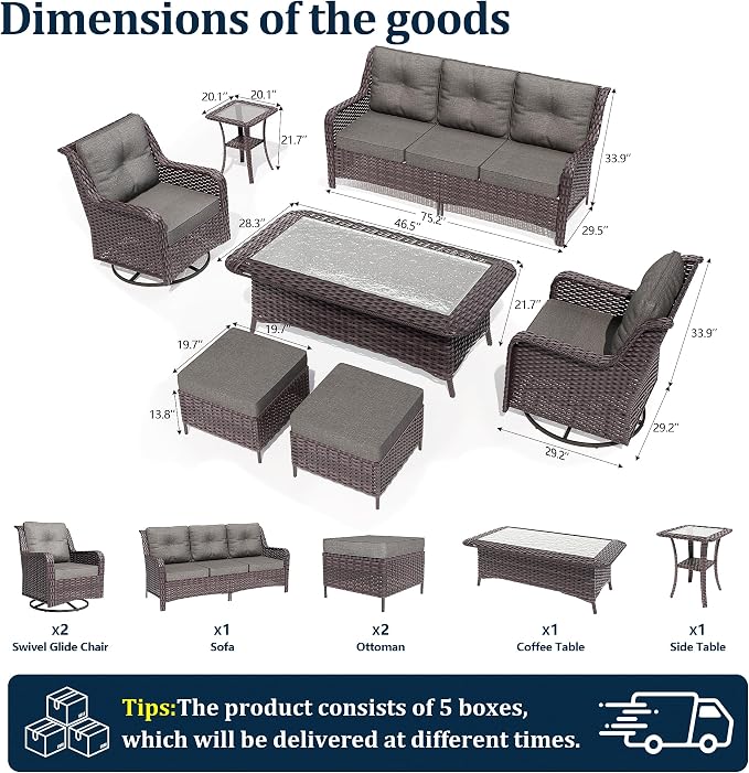 7-Piece Patio Furniture Set,Outdoor Conversation Sets w/Glass Table&High Back Wicker Swivel Rocker Chairs,All-Weather Wicker Sectional Sofa for Deck,Yard and Poolside,Grey