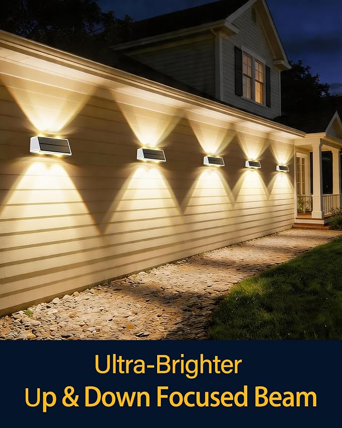 Solar Fence Lights Outdoor, 2 Pack Fence Solar Lights Waterproof | IP65 Fence Lights Solar Powered Up & Down LED Focus, 9 Color Modes, 12H Dusk to Dawn Glow for Pool/Patio/Backyard - White