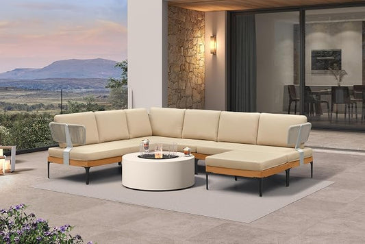 PURPLE LEAF Patio Furniture Set Outdoor Sectional Sofa with Fade-Resistant Cushions Wicker L-Shaped 7 Pieces Aluminum Conversation Sets with Ottoman for Balcony Yard Garden Poolside, Khaki
