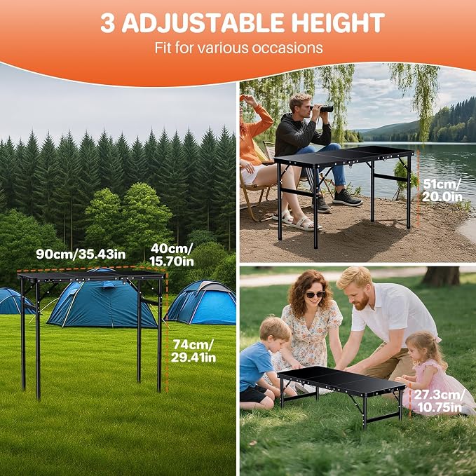 FUNYKICH 3ft Camping Folding Table with 3 Height(35.4'' Lx15.7'' W), Max Height 29.4'' Portable Small Outdoor Tables, Lightweight Beach Table with Carry Handle for Camping, Backyard, Picnic, Handcraft